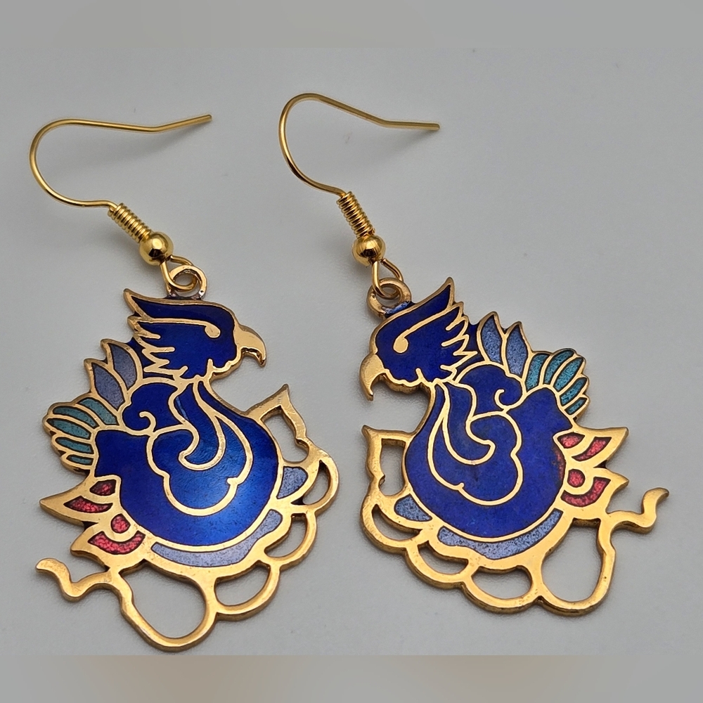 Phoenix Bird Earrings Cloisonné Blue Enamel Gold Tone 2”